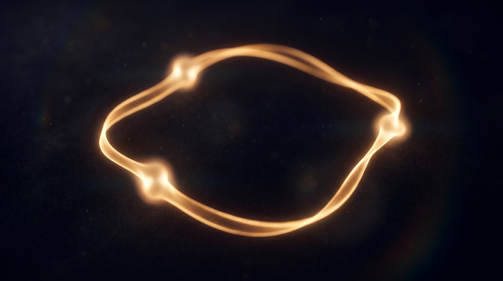 A single continuous golden loop of light with glowing nodes along it on a near-black background — strategy, content, and results connected as one closed circuit.