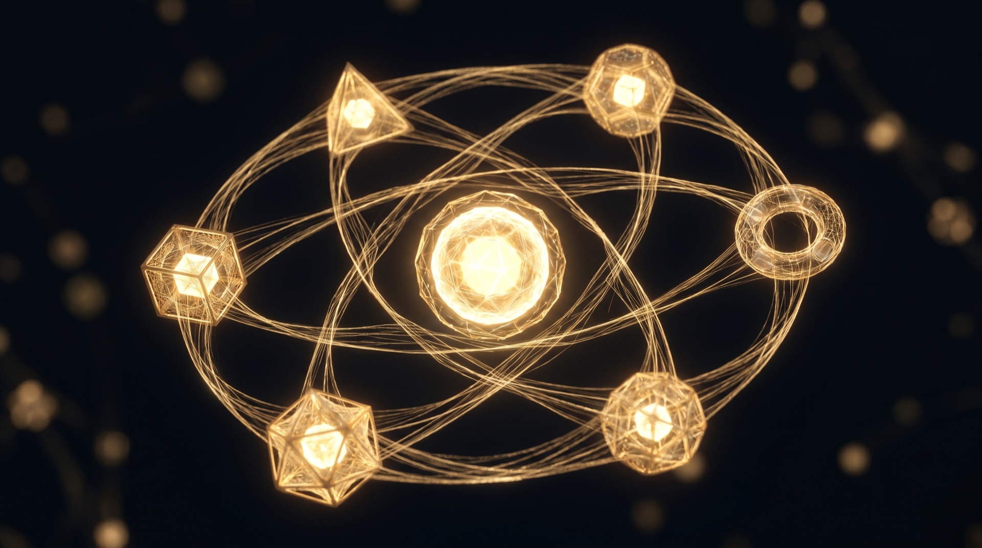 A glowing golden core encircled by interconnected nodes on a near-black background — the functions of a business running as one operating system.